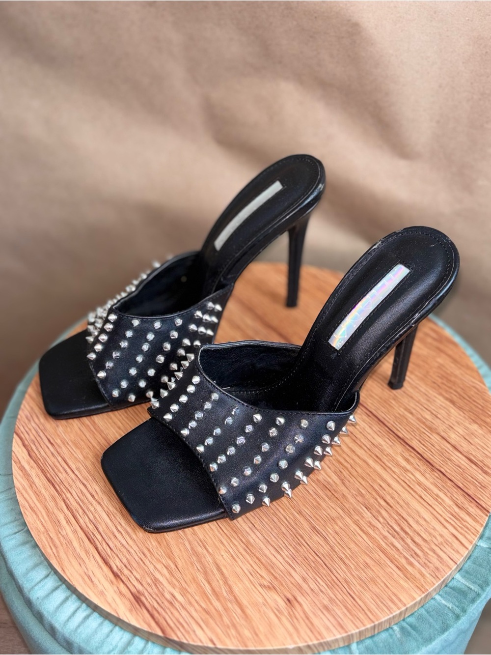 Liliana Black Studded Stiletto Mule Heels. Size 5.5